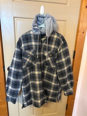 Men's Navy Plaid Lightweight Hooded Shirt Jacket